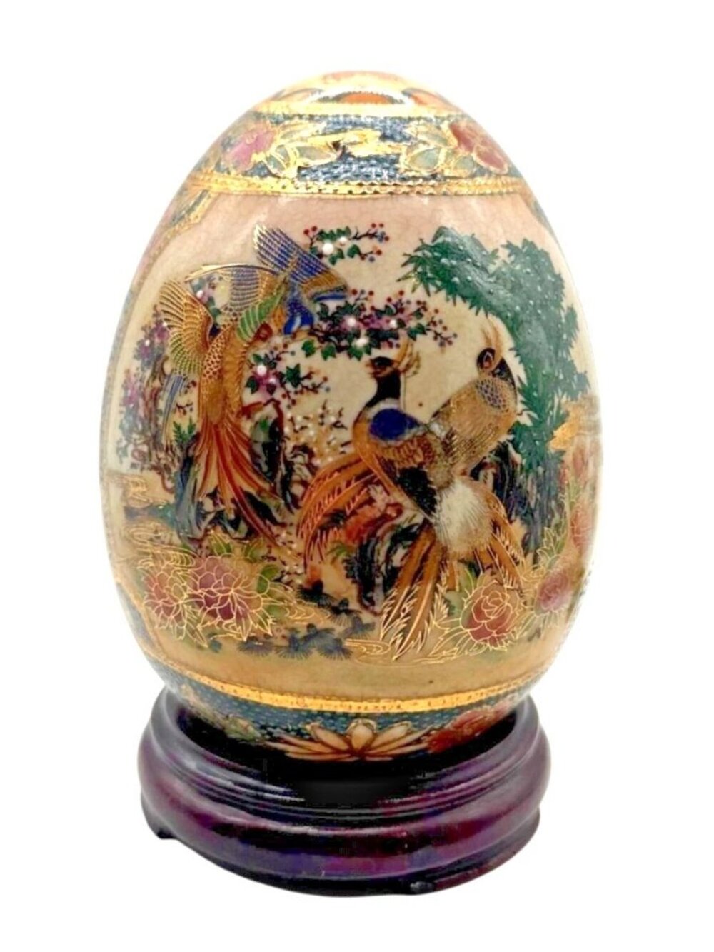 Vintage Satsuma Hand Painted Porcelain Egg Peacock & Floral Gilded 5"